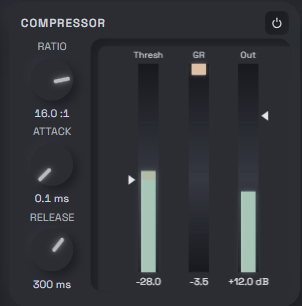 Atout Audio Compressor panel with Ratio, Attack, Release knobs and Thresh, GR, Out meters