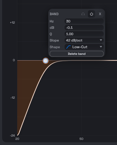Low-Cut band edit example, 30Hz, 42dB/oct