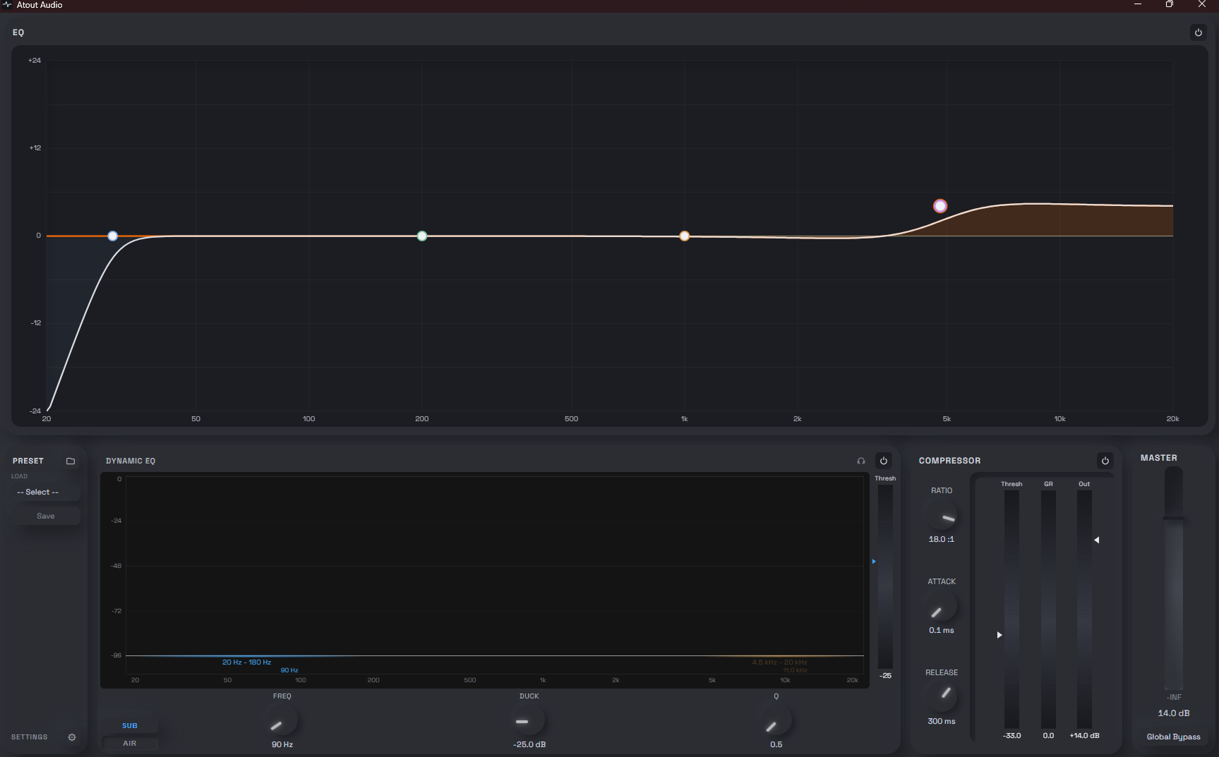 Atout Audio main screen — EQ graph on top, Preset, Dynamic EQ, Compressor, and Master panels below
