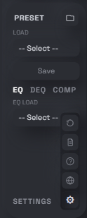 Preset panel with the settings icon list expanded — folder, document, question mark, globe, and gear icons
