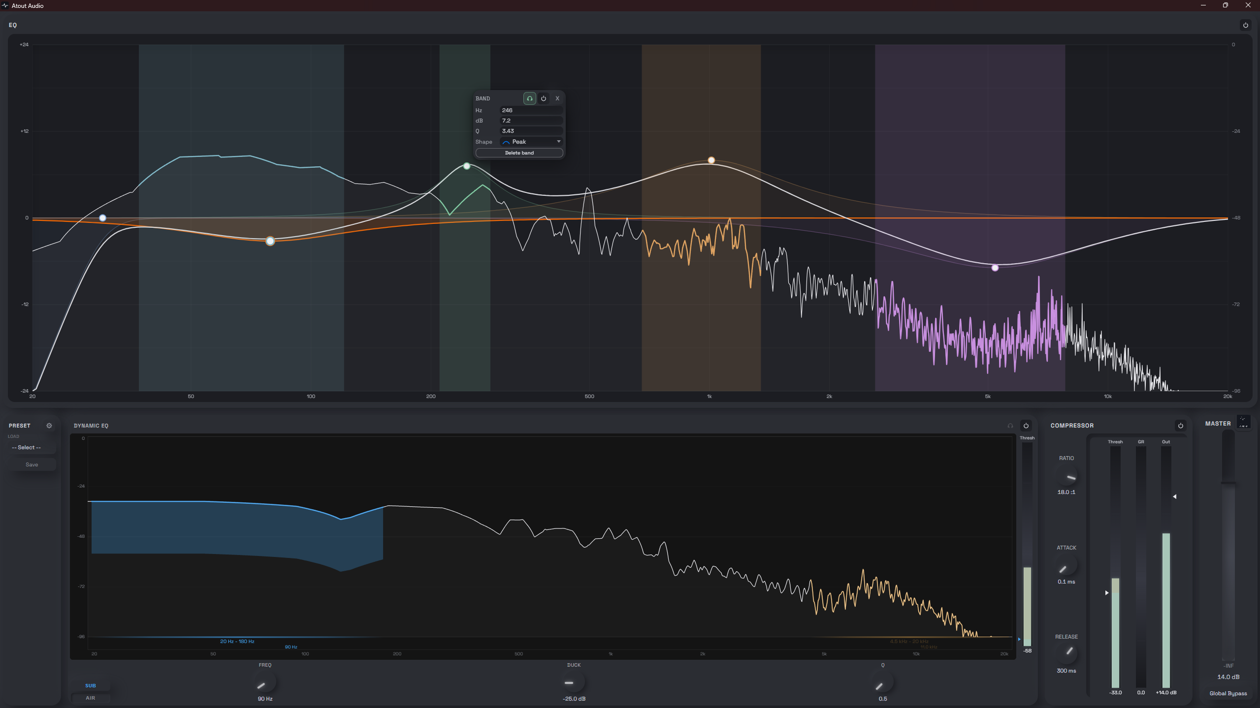 Atout Audio app window showing the EQ curve, Dynamic EQ, and Compressor panels
